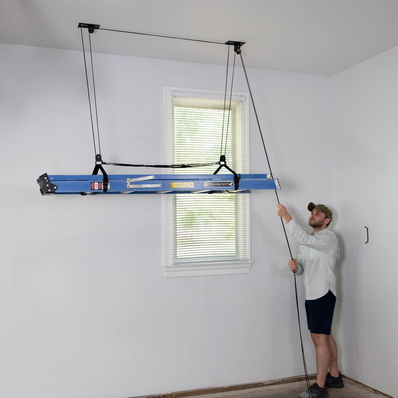 BRAND, CATEGORY, HOISTS, STOREYOURBOARD, StoreYourBoard Ladder Storage Ceiling Pulley System, Garage Mount Hoist, Heavy Duty Hanging Organizer Holds 150 lbs