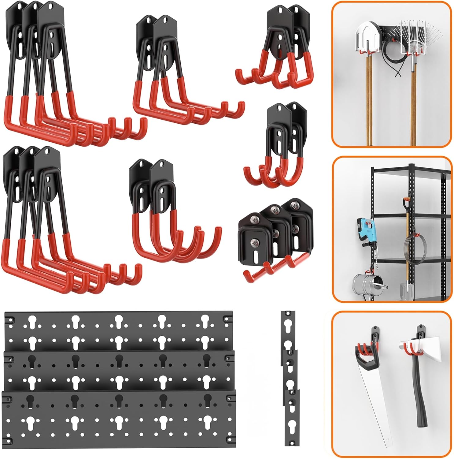 BRAND, CATEGORY, HOOKS, TORACK, TORACK 24 PCS Garage Storage System Hooks with Tracks, Wall Organizer for Garden Tools, Ladders, Cords, Folding Chairs, Shovels and Rakes, Shelving Hooks for Keyhole Style Shelving Units