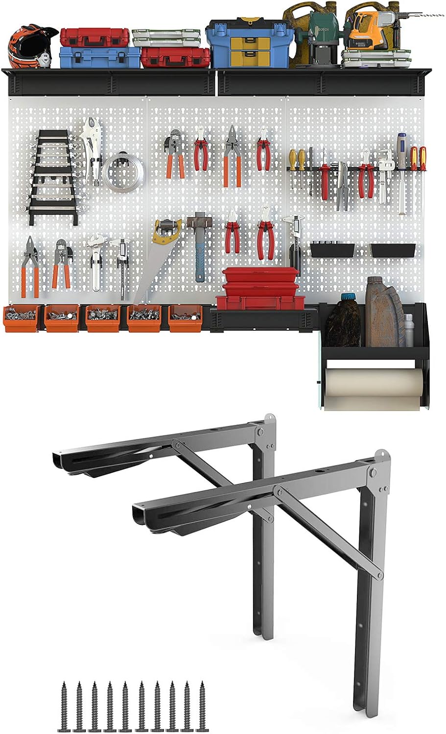 BRAND, CATEGORY, GARAGE STORAGE, TORACK, TORACK 24 inch Folding Shelf Brackets, Pack of 2 Heavy Duty Steel Triangle Shelves, with Pegboard Wall Organizer, 48x40 inch Garage Metal Pegboard Organizer