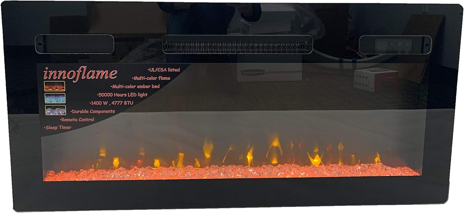 BRAND, CATEGORY, ELECTRIC FIREPLACES, TIARA, Tiara Innoflame Fireplace Electric 36" Flat Front Crystal Ember Bed w/Remote Control (Black)