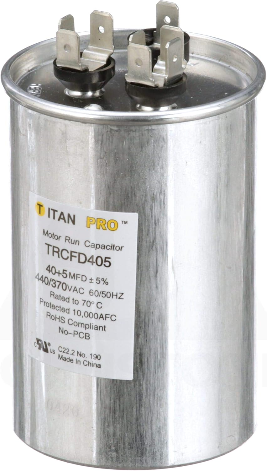 BRAND, CAPACITORS, CATEGORY, PACKARD, TitanPro TRCFD405 HVAC Round Dual Motor Run Capacitor. 40/5 MFD/UF 440/370 Volts