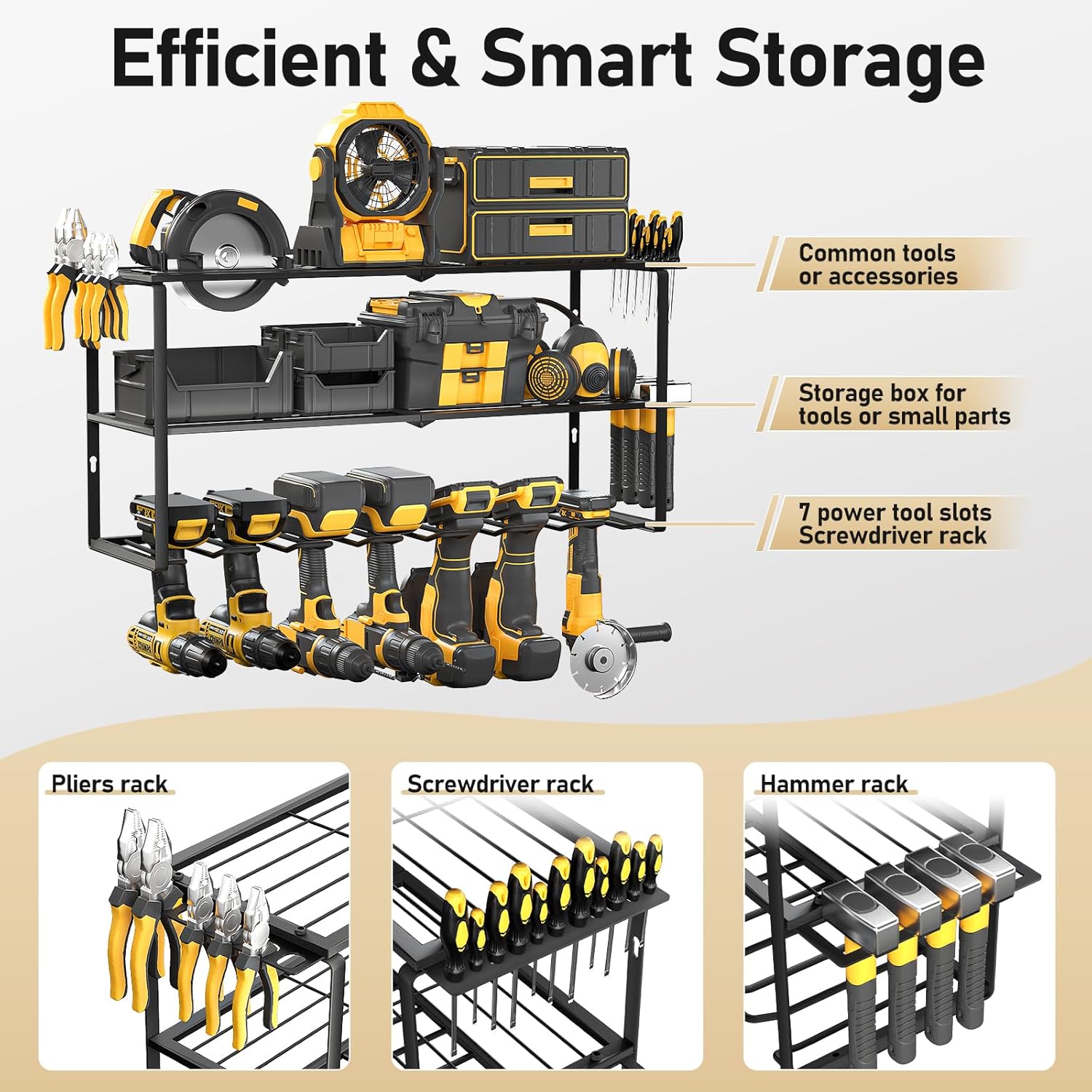 BRAND, CATEGORY, LONGTOR, UTILITY SHELVES, Tool Organizer Wall Mount, Power Tool Organizer with 7 Drill Holder, Tool Storage Bears 35lbs, Top Tool Shelf with Screwdriver Holes, 3-Tier Tool Holder for Garage Organization and Workshop