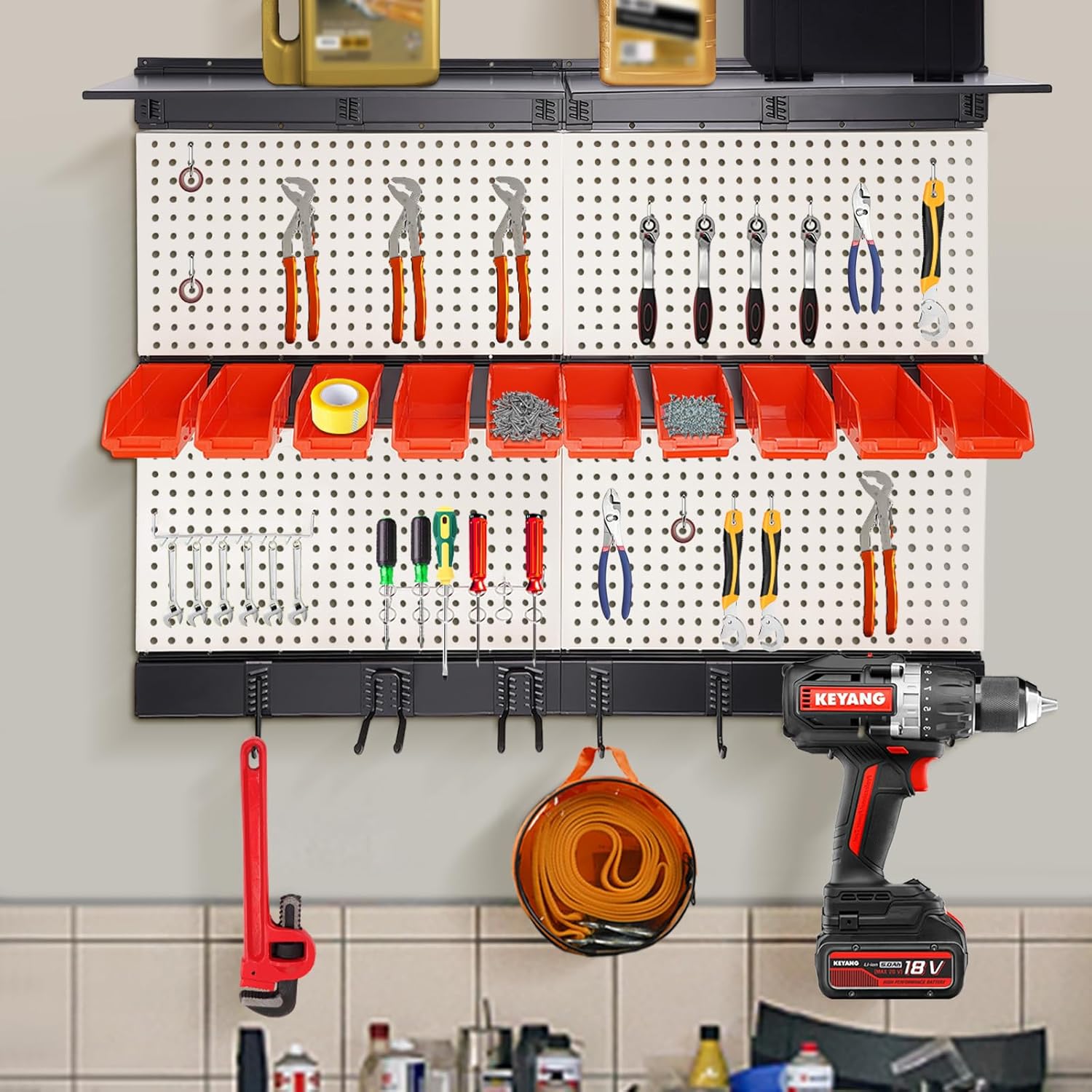 ACNAO, BRAND, CABINETS & STORAGE SYSTEMS, CATEGORY, Tool Storage Kit Wall Utility Storage Kit with Toolboard Hooks & Accessories, Garage Storage Wall Organizer, Carbon Steel Pegboard for Garage With 10 Storage Bins