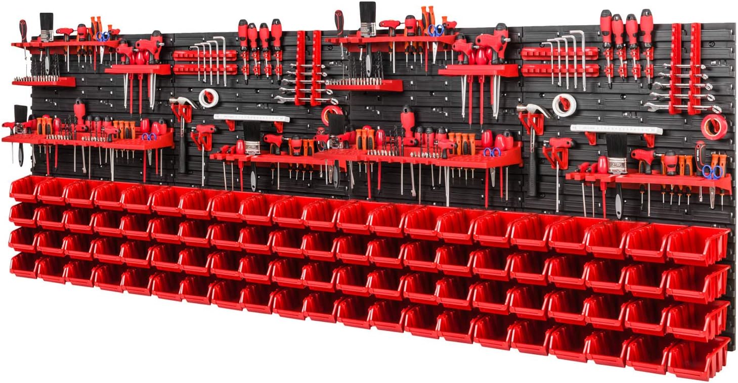 BRAND, CATEGORY, GARAGE STORAGE, PAFEN, Tool Wall Storage System 2308 x 780 mm - Set Tool Holders and 88 Pieces Red Stacking Boxes - Wall Shelf Workshop Shelf Perforated Wall Pouring Shelf Storage Boxes