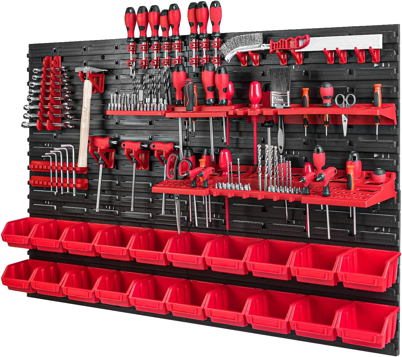 BRAND, CATEGORY, GARAGE STORAGE, PAFEN, Tool Wall with Stacking Boxes - 1152 x 780 mm - Storage System Set Tool Holders and 20 Pieces Box - Wall Shelf Workshop Shelf Perforated Wall Storage Boxes