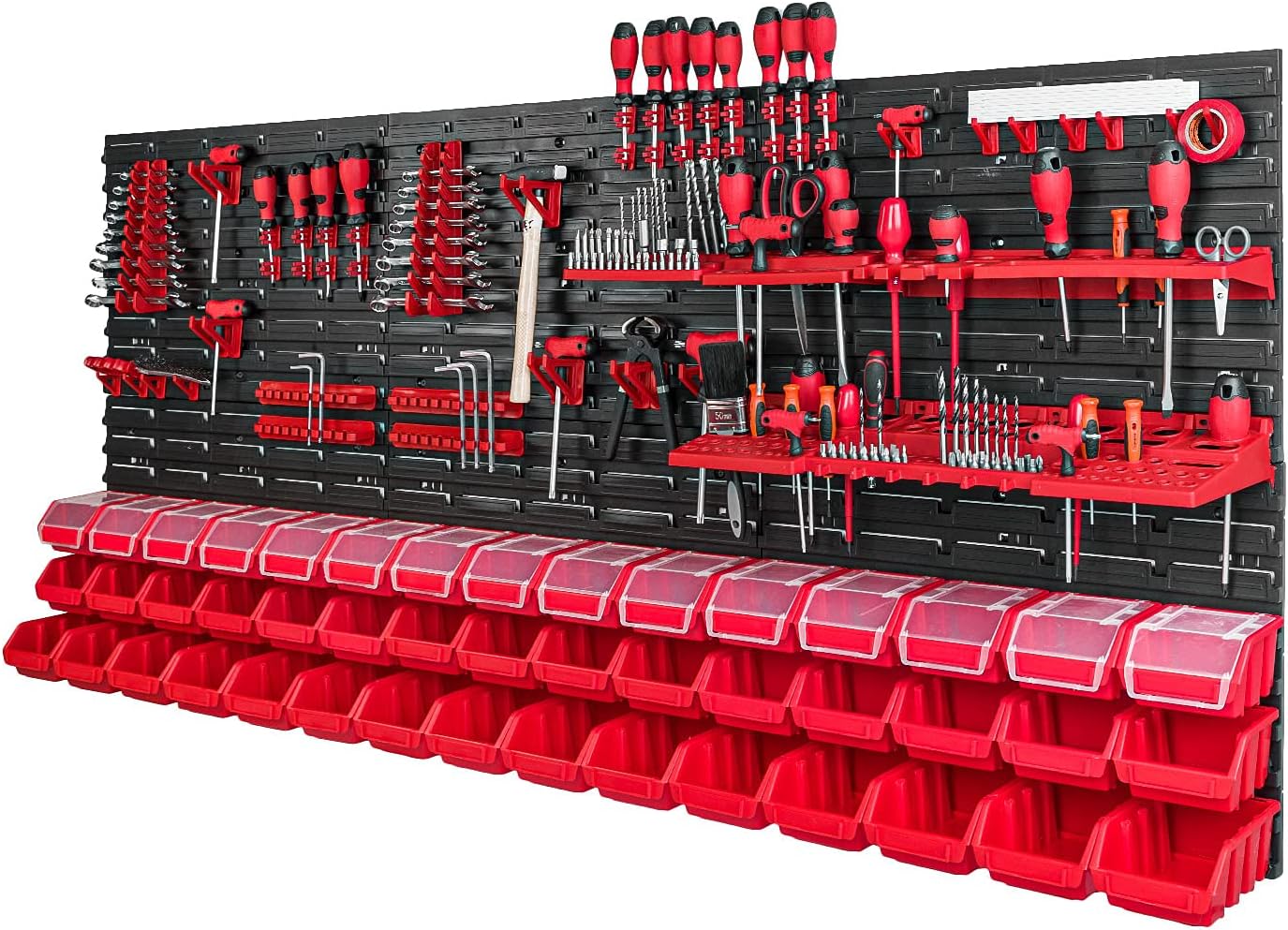 BRAND, CATEGORY, GARAGE STORAGE, PAFEN, Tool Wall with Stacking Boxes - 1728 x 780 mm - Storage System Set Tool Holders and 45 Pieces Box - Wall Shelf Workshop Shelf Perforated Wall Storage Boxes