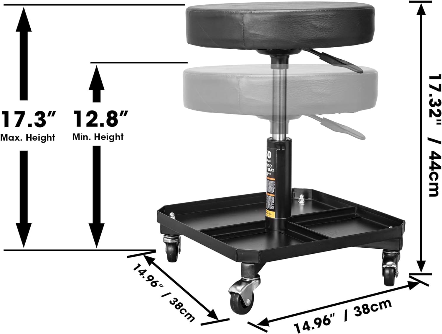 BRAND, CATEGORY, CREEPERS, TORIN, Torin ATR6350B Rolling Pneumatic Creeper Garage/Shop Seat: Padded Adjustable Mechanic Stool with Tool Tray Storage, Black