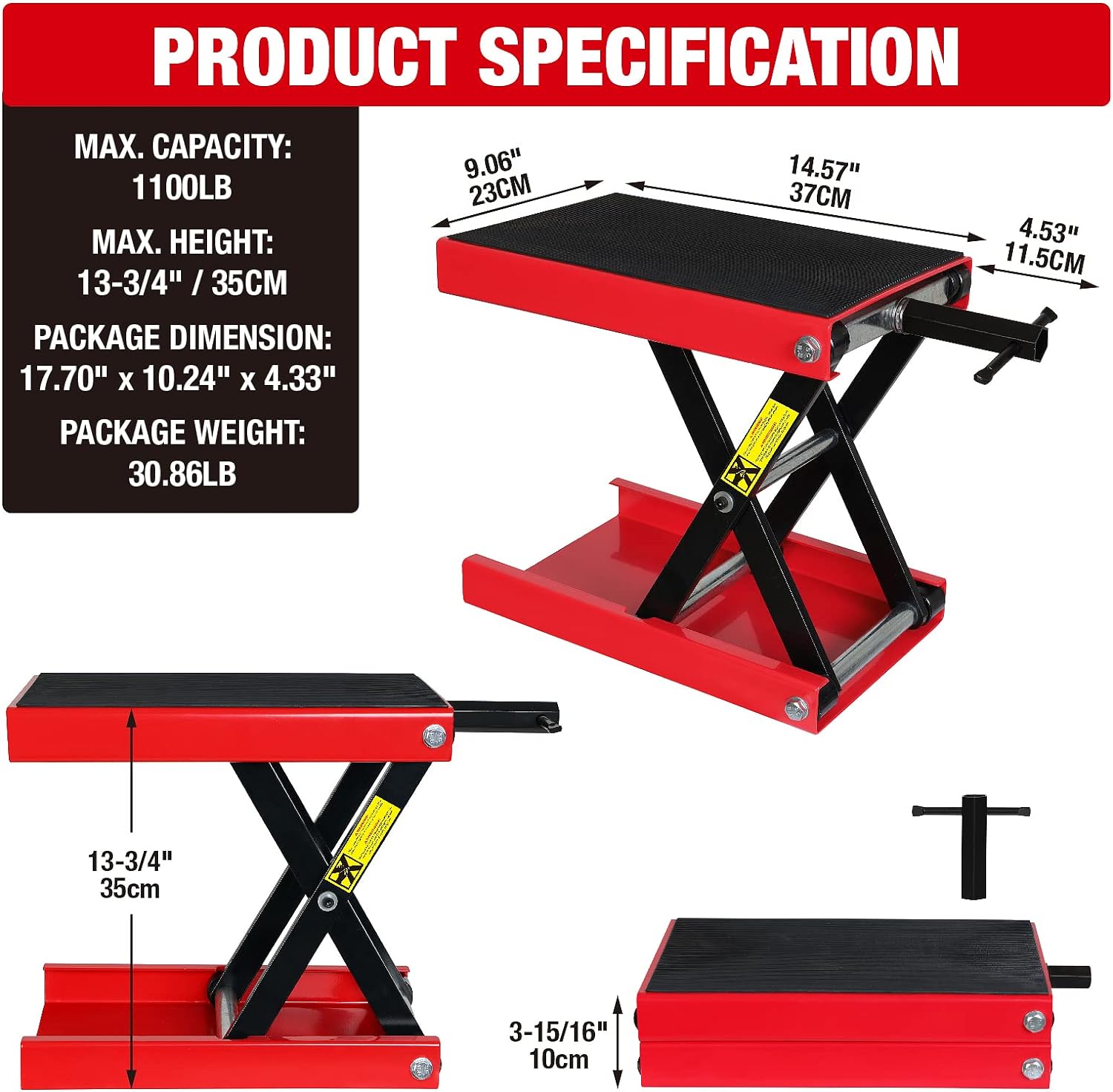 BIG RED, BRAND, CATEGORY, SCISSOR LIFT JACKS, BIG RED ATRM01101R Torin Portable Steel Motorcycle Lift Scissor Jack: Wide Deck Hoist Stand for ATV, UTV Snowmobile Maintenance, Capacity 1100lb, 1100LBS