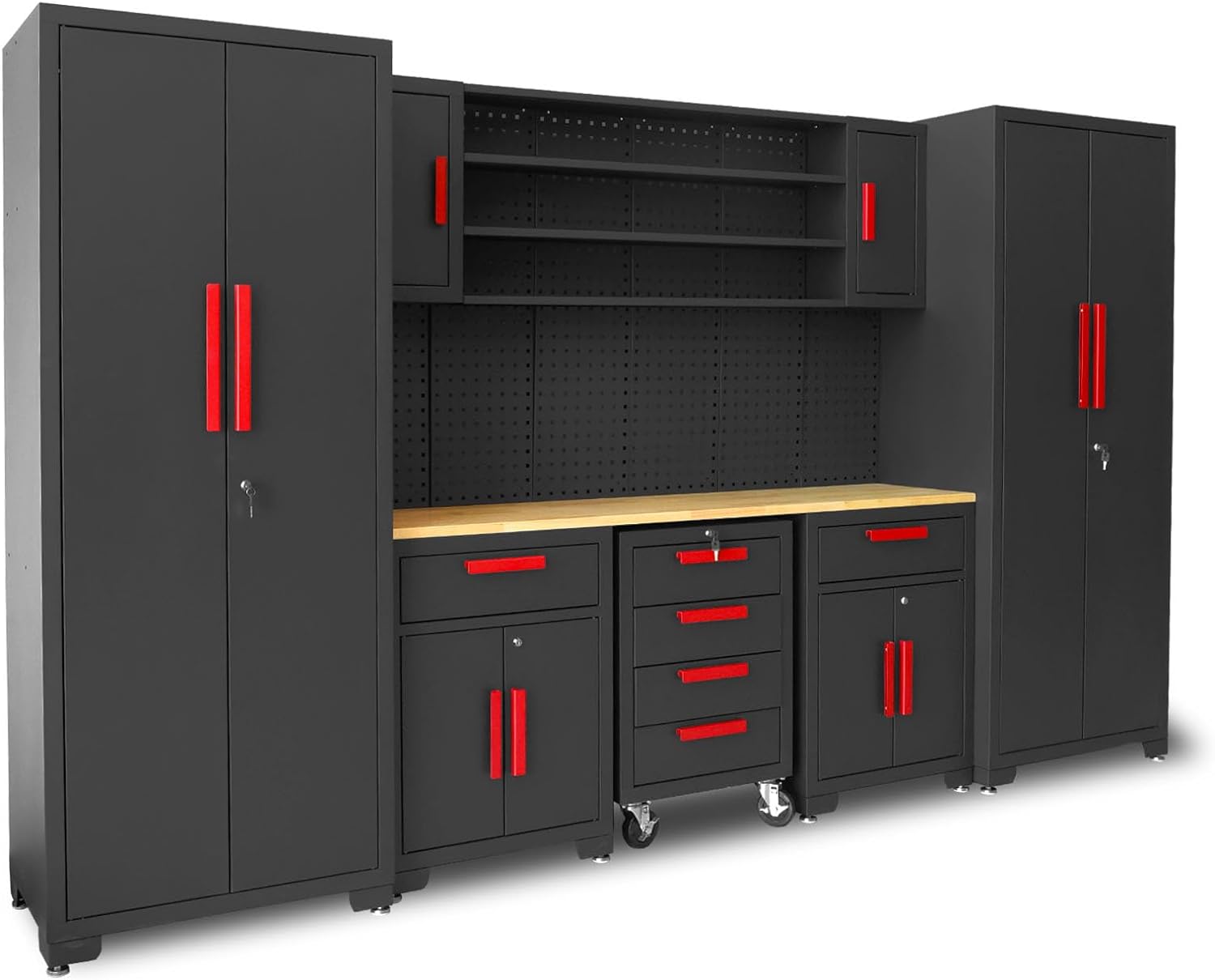 BRAND, CABINETS & STORAGE SYSTEMS, CATEGORY, TORIN, Torin Garage Storage Cabinets System, 8-Pcs Workshop Cabinet Set in Black, Included Steel Cabinets Drawers Rolling Chest and Pegborad,locked garage storage cabinet