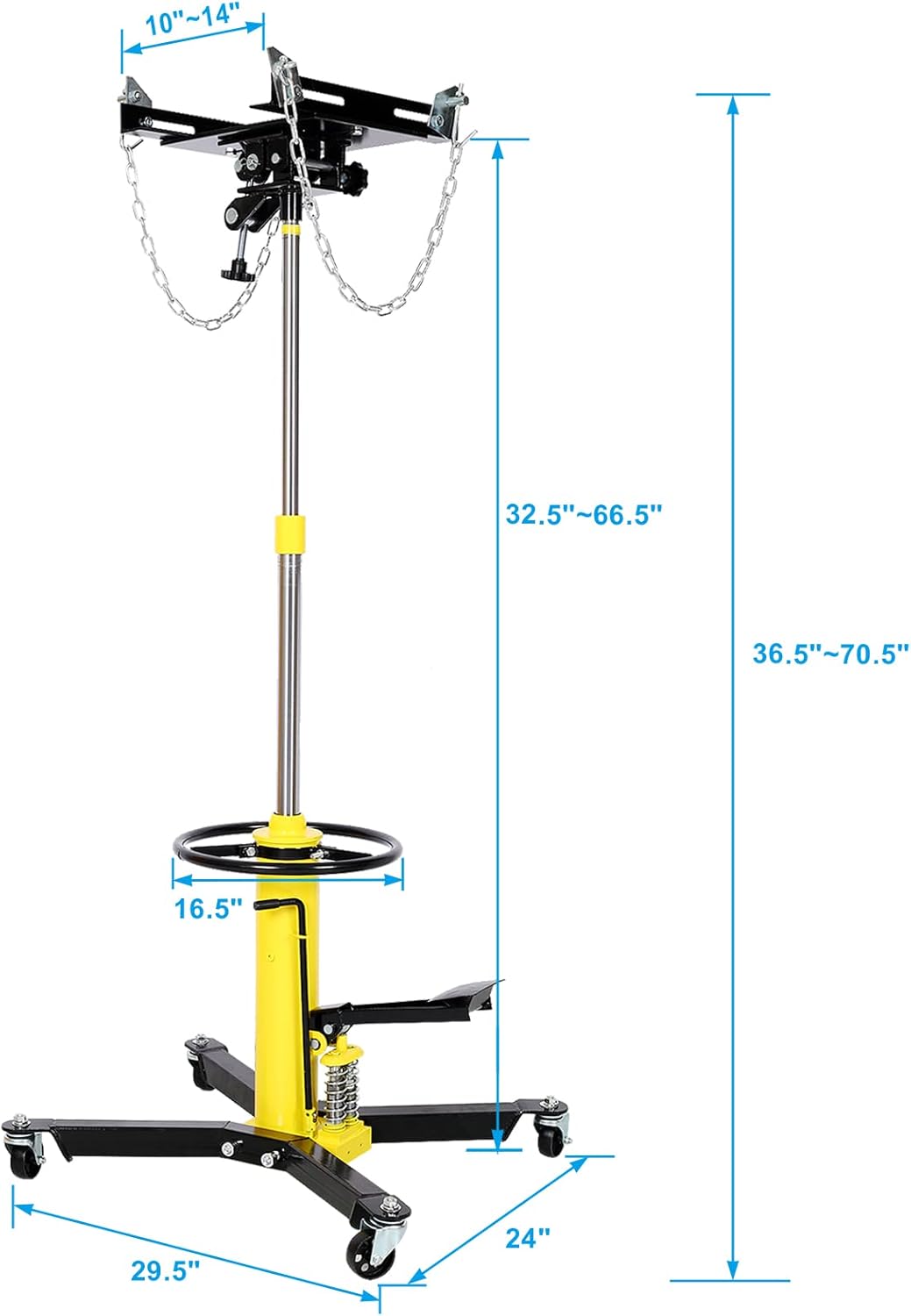 BRAND, CATEGORY, ENTCOOK, TRANSMISSION JACKS, Transmission Jack, 1660lbs Hydraulic Telescoping Transmission Jack, 32"-70" High Lift Floor Jack Stand with Foot Pedal, 360° Swivel Wheels, 2-Stage Garage/Shop Lift Hoist Yellow Kids