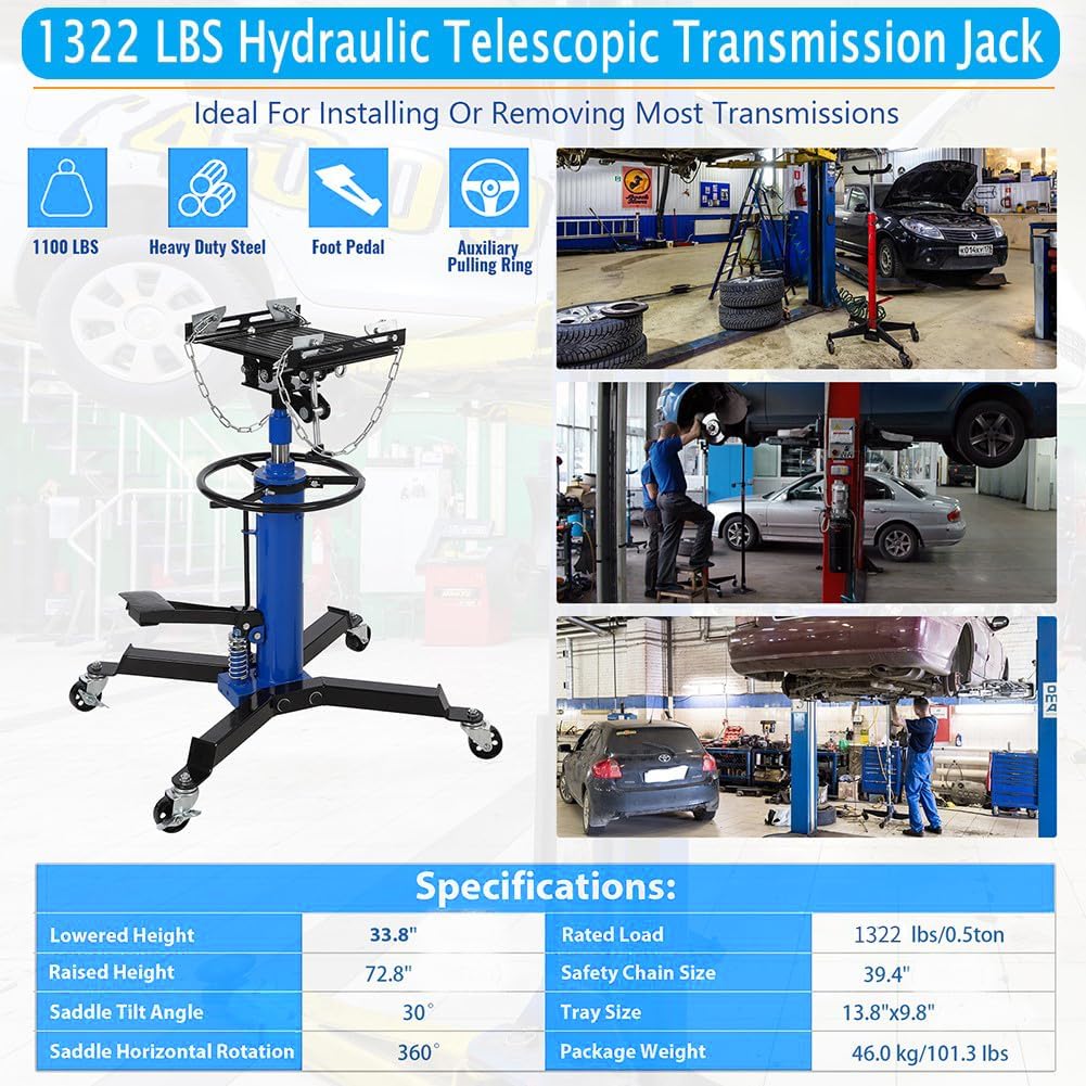 BRAND, CATEGORY, GARVEE, TRANSMISSION JACKS, Transmission Jack, 0.6Ton/1322lbs Hydraulic Telescopic Transmission Jack, 2-Stage Floor-Standing Transmission Jack, with Foot Pedal, 360° Swivel Wheel, Garage/Workshop/Car Lift, Blue