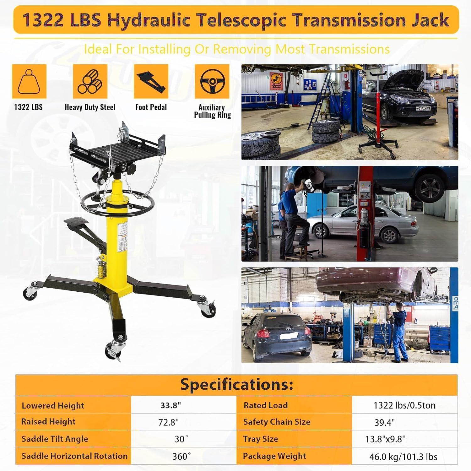 BRAND, CATEGORY, KIMORE, TRANSMISSION JACKS, Transmission Jack.1322lbs& Dual-Column Plunger 2 Stage Adjustable Telescoping Hydraulic high Lift Jack, Floor Jack Stand with Foot Pedal and 360° Swivel Wheel, Garage/Workshop/Car Lift