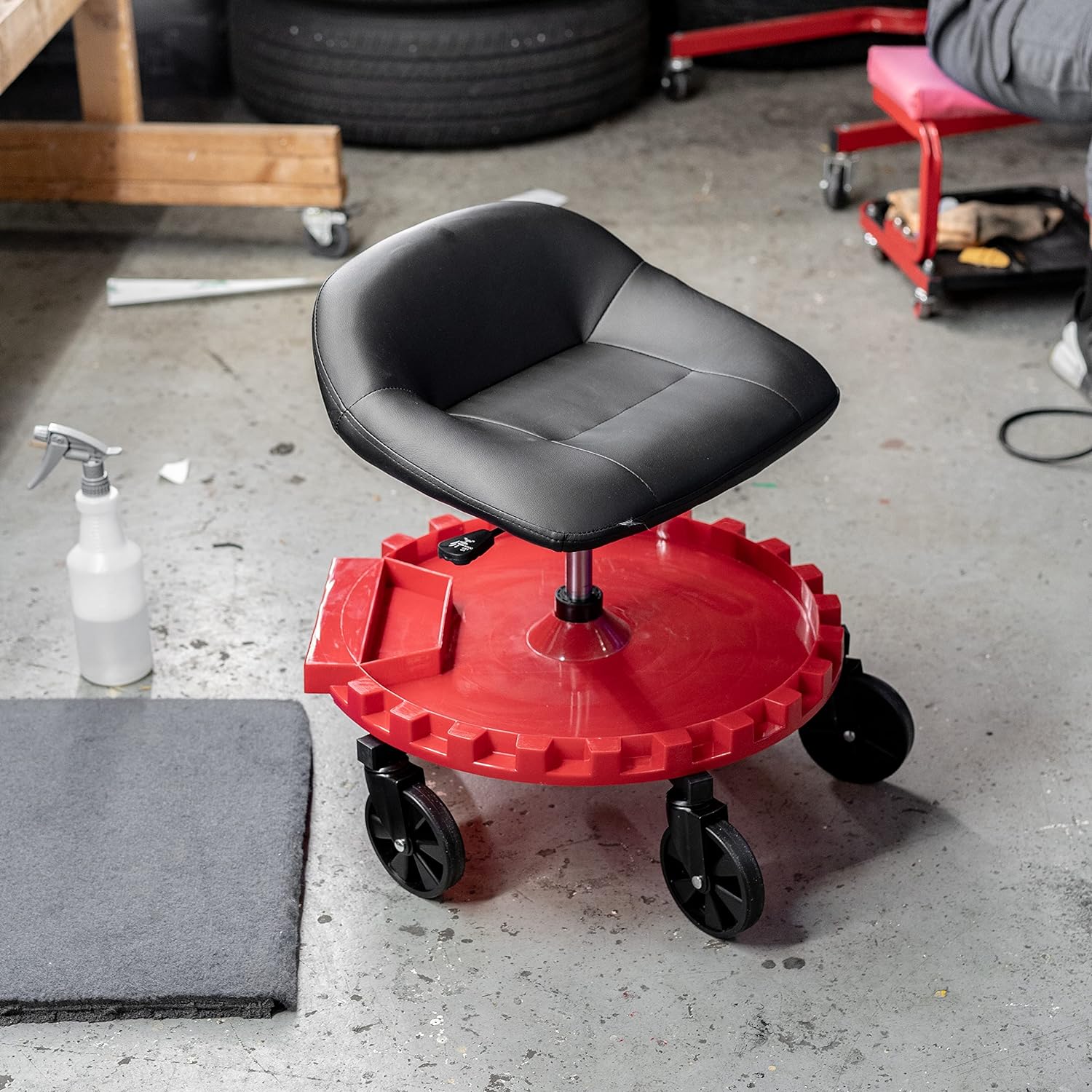 BRAND, CATEGORY, ROLLER SEATS, TRAXION, Traxion 2-230 Monster Rolling Padded Mechanic Stool Seat Garage Shop Roller Work Chair with Wheels and Tool Tray, Heavy-Duty 400-lb Capacity, All-Terrain 5" Casters, Black Red