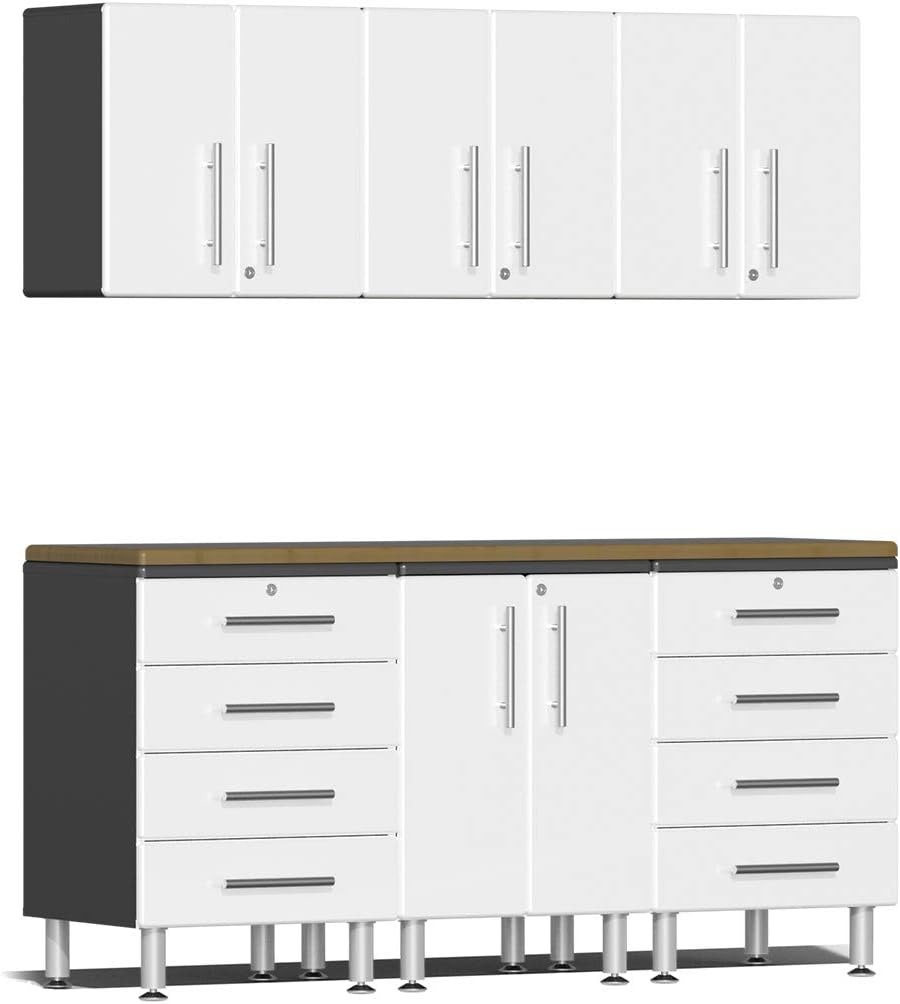 BRAND, CABINETS & STORAGE SYSTEMS, CATEGORY, ULTI-MATE, Ulti-MATE UG22072W 7-Piece Garage Cabinet Kit with Bamboo Worktop in Starfire White Metallic