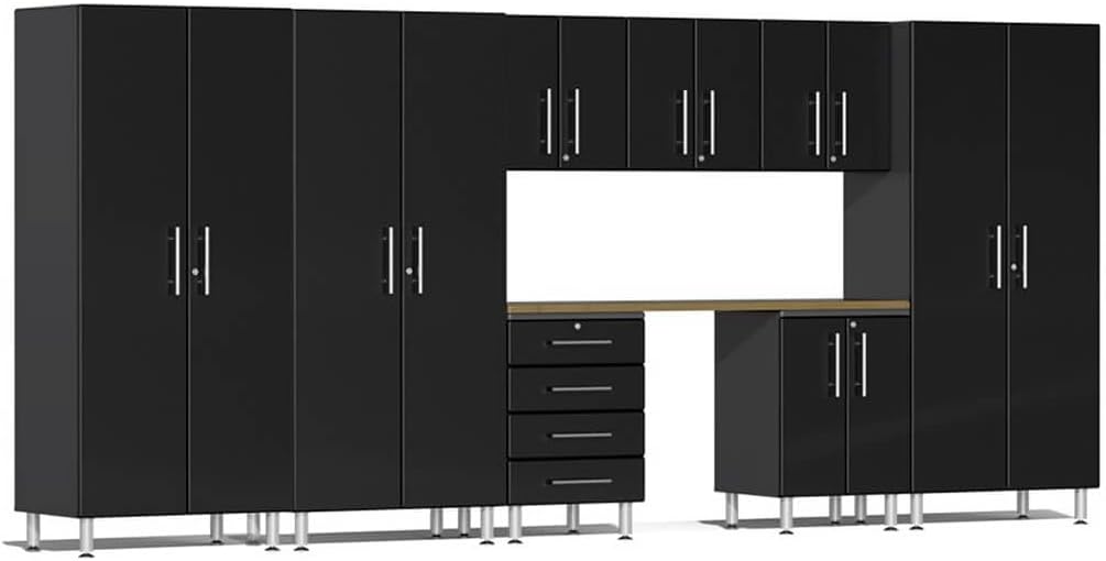 BRAND, CABINETS & STORAGE SYSTEMS, CATEGORY, ULTI-MATE, Ulti-MATE UG22082B 8-Piece Garage Cabinet Kit with Bamboo Worktop in Midnight Black Metallic