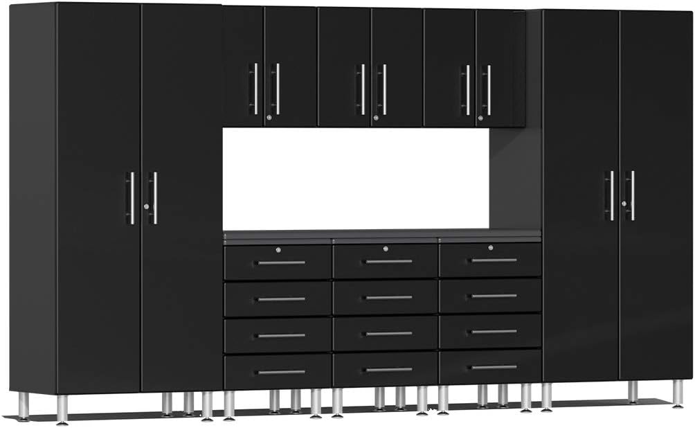 BRAND, CABINETS & STORAGE SYSTEMS, CATEGORY, ULTI-MATE, Ulti-MATE UG22091B 9-Piece Garage Cabinet Kit with Channeled Worktop in Midnight Black Metallic