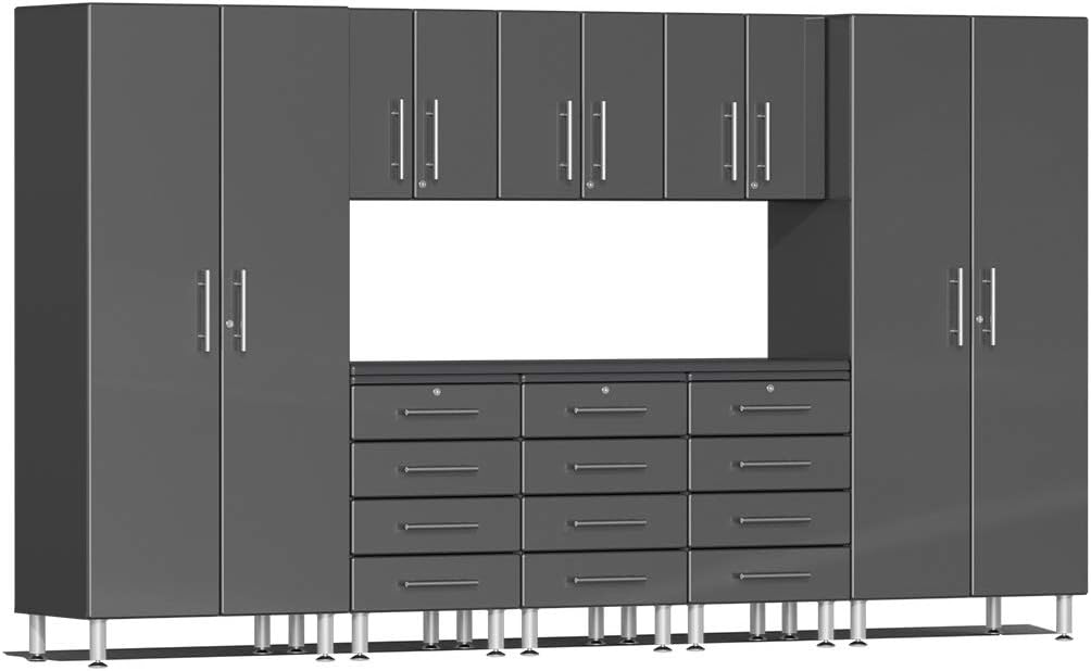 BRAND, CABINETS & STORAGE SYSTEMS, CATEGORY, ULTI-MATE, Ulti-MATE UG22091G 9-Piece Garage Cabinet Kit with Channeled Worktop in Graphite Grey Metallic