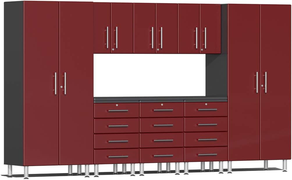 BRAND, CABINETS & STORAGE SYSTEMS, CATEGORY, ULTI-MATE, Ulti-MATE UG22091R 9-Piece Garage Cabinet Kit with Channeled Worktop in Ruby Red Metallic