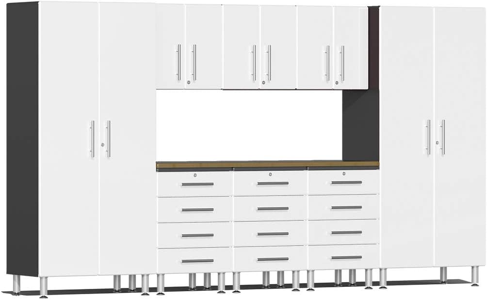 BRAND, CABINETS & STORAGE SYSTEMS, CATEGORY, ULTI-MATE, Ulti-MATE UG22092W 9-Piece Garage Cabinet Kit with Bamboo Worktop in Starfire White Metallic