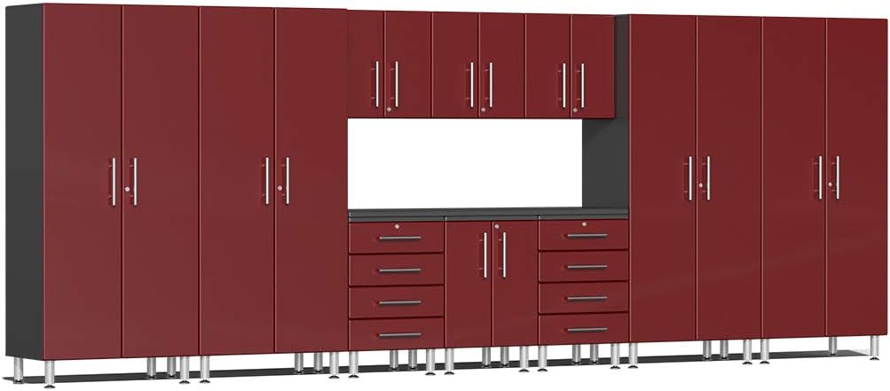 BRAND, CABINETS & STORAGE SYSTEMS, CATEGORY, ULTI-MATE, Ulti-MATE UG22111R 11-Piece Garage Cabinet Kit with Channeled Worktop in Ruby Red Metallic