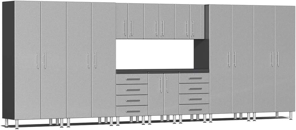 BRAND, CABINETS & STORAGE SYSTEMS, CATEGORY, ULTI-MATE, Ulti-MATE UG22111S 11-Piece Garage Cabinet Kit with Channeled Worktop in Stardust Silver Metallic