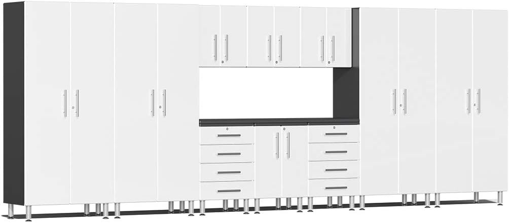 BRAND, CABINETS & STORAGE SYSTEMS, CATEGORY, ULTI-MATE, Ulti-MATE UG22111W 11-Piece Garage Cabinet Kit with Channeled Worktop in Starfire White Metallic