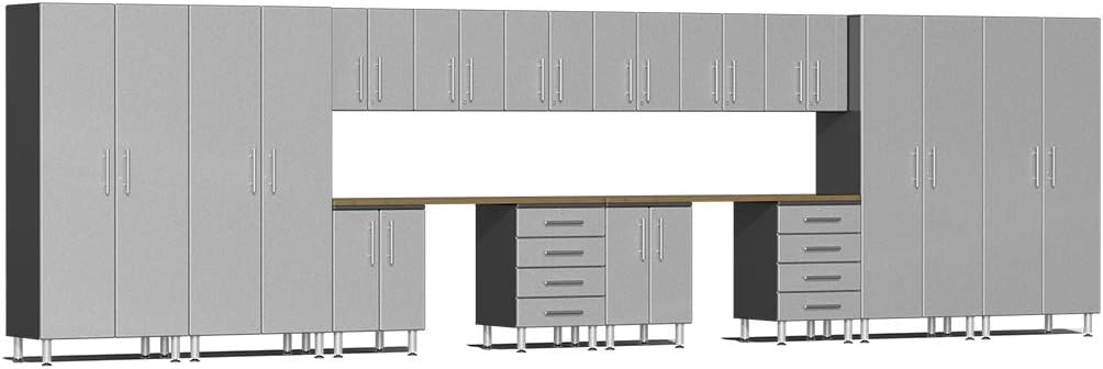 BRAND, CABINETS & STORAGE SYSTEMS, CATEGORY, ULTI-MATE, Ulti-MATE UG22162S 16-Piece Garage Cabinet Kit with Bamboo Worktops in Stardust Silver Metallic