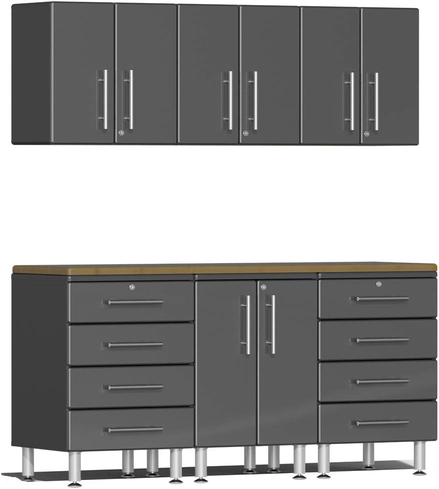 BRAND, CABINETS & STORAGE SYSTEMS, CATEGORY, ULTI-MATE, Ulti-Mate UG22072G 7-Piece Garage Cabinet Kit with Bamboo Worktop in Graphite Grey Metallic