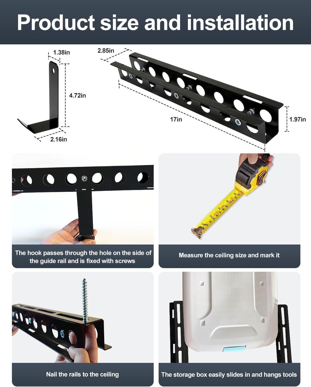 BRAND, CATEGORY, PRISMORA, STORAGE RACKS, Upgrade T-Type Overhead Tote Storage Rail System for 2 Bins, Heavy Duty Garage Ceiling Bin Storage Rack, Fits Most Storage Bins with 6 Removable Hooks, Black, 3 Pack