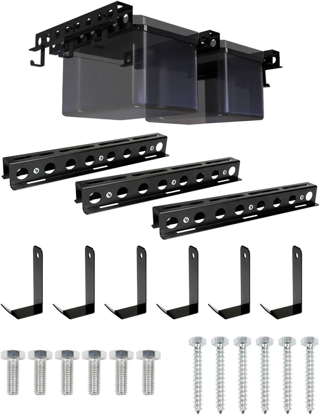 BRAND, CATEGORY, PRISMORA, STORAGE RACKS, Upgrade T-Type Overhead Tote Storage Rail System for 2 Bins, Heavy Duty Garage Ceiling Bin Storage Rack, Fits Most Storage Bins with 6 Removable Hooks, Black, 3 Pack