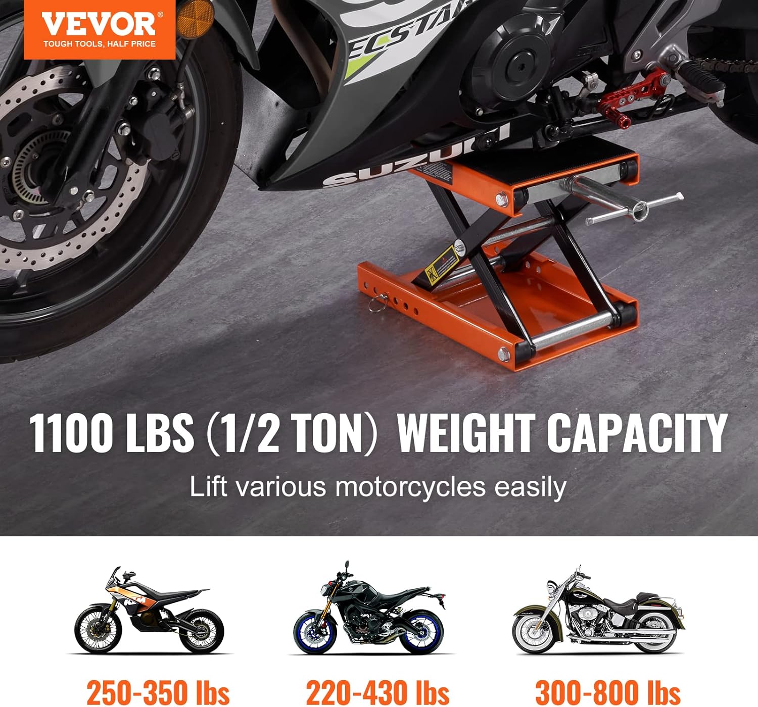 BRAND, CATEGORY, SCISSOR LIFT JACKS, VEVOR, VEVOR 1100 LBS Motorcycle Scissor Lift Jack with Wide Deck and Safety Pin for Street Bikes, Cruiser Bikes and Touring Motorcycles