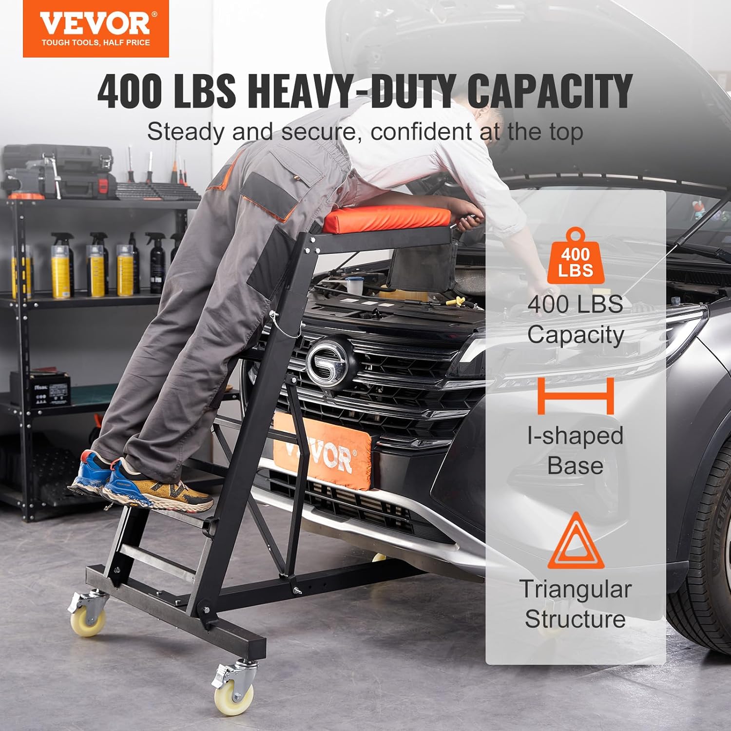 BRAND, CATEGORY, CREEPERS, VEVOR, VEVOR Automotive Top Creeper, with Adjustable Height 48" to 76", 400 LBS Capacity High Creeper, 4 Swivel Caster Wheels, Heavy Duty Foldable Creeper for Auto Repair and Maintenance