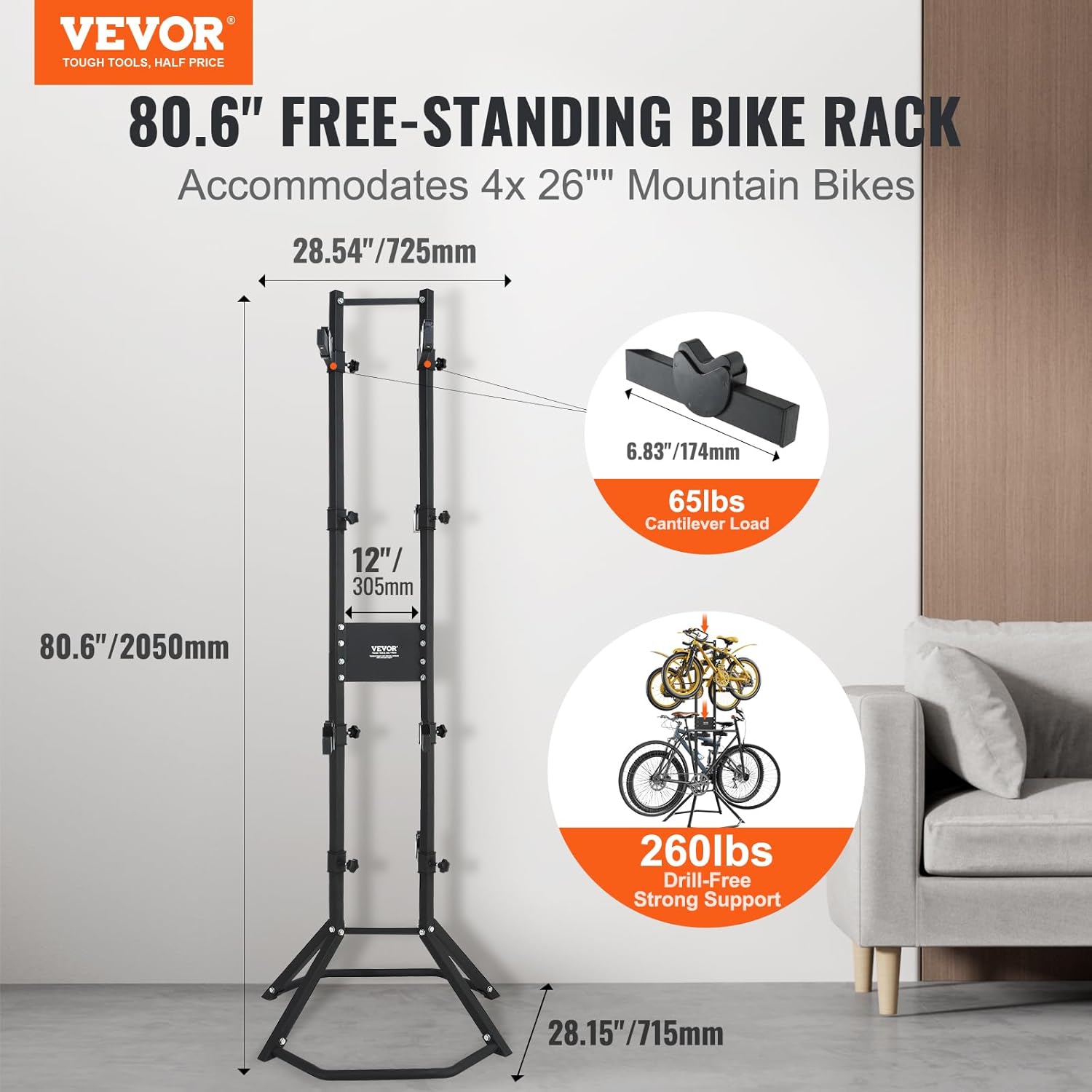 BIKE RACKS & STANDS, BRAND, CATEGORY, VEVOR, VEVOR 2 Bike Storage Rack, Free Standing Gravity Wall Vertical Bike Rack, Fully Adjustable Bike Rack Garage, Sturdy Steel & Easy Assemble, for Garage, Living Room, Shed, Holds Up to 90 lbs Black