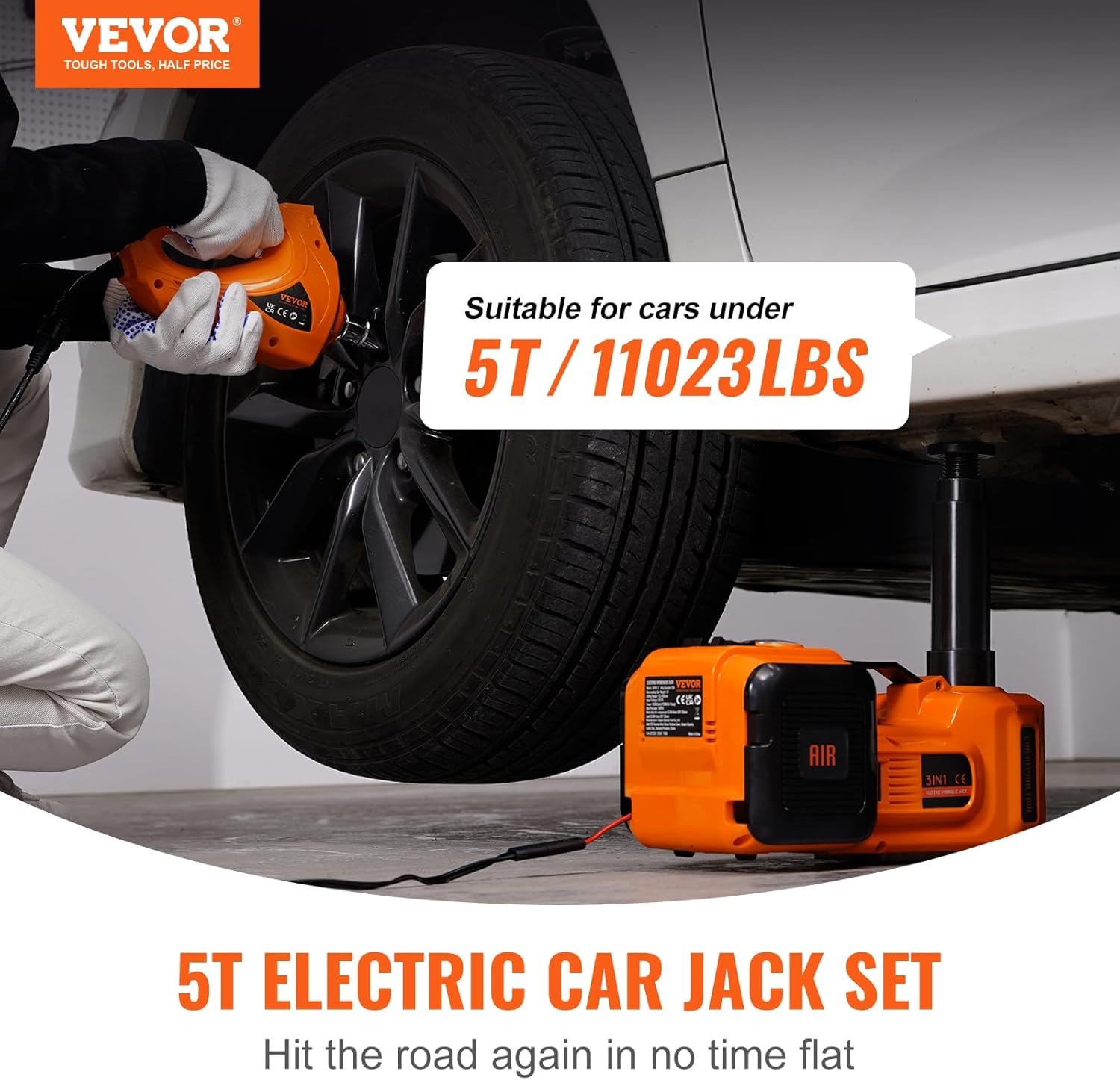 BRAND, CATEGORY, FLOOR JACKS, VEVOR, VEVOR Electric Car Jack, 5 Ton/11023 LBS Hydraulic Jack Lift with Electric Impact Wrench, Built-in Inflatable Pump, and LED Light for SUV MPV Sedan Truck Change Tires Garage Repair