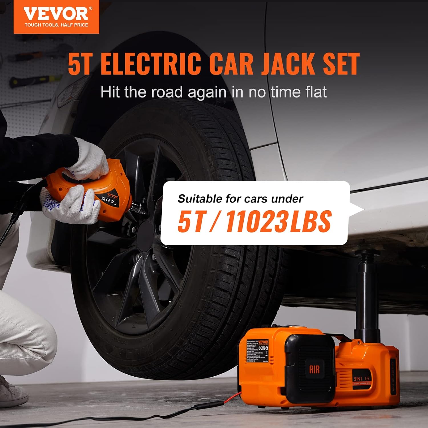 BRAND, CATEGORY, FLOOR JACKS, VEVOR, VEVOR Electric Car Jack, 5 Ton/11023 LBS Hydraulic Jack Lift with Electric Impact Wrench, Built-in Inflatable Pump, and LED Light for SUV MPV Sedan Truck Change Tires Garage Repair