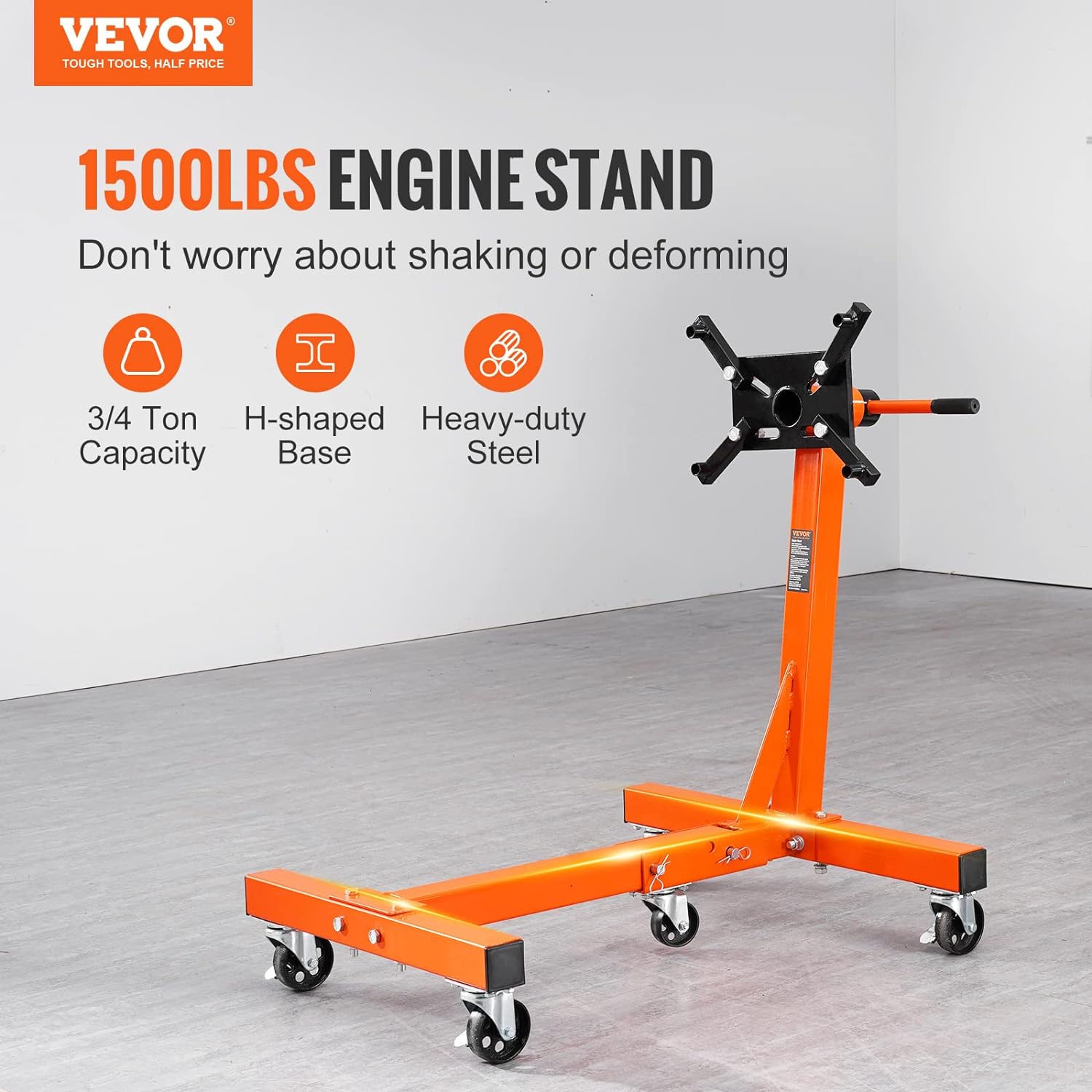 BRAND, CATEGORY, ENGINE HOISTS & STANDS, VEVOR, VEVOR Engine Stand, 1500 lbs (3/4 Ton) Rotating Engine Motor Stand with 360 Degree Adjustable Head, Cast Iron Folding Motor Hoist Dolly, 5-Caster, 4 Adjustable Arms, for Vehicle Maintenance