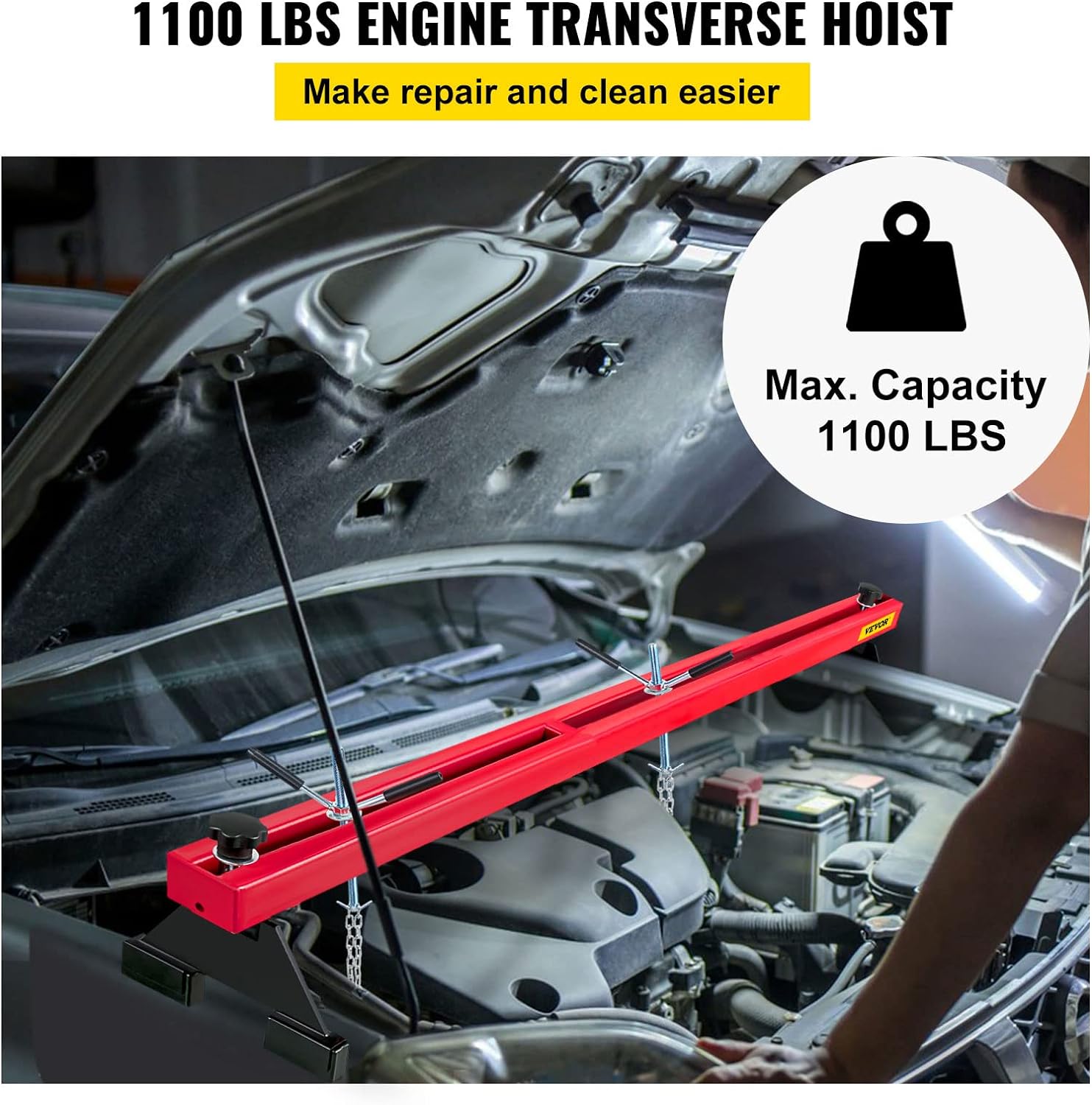 BRAND, CATEGORY, ENGINE HOISTS & STANDS, VEVOR, VEVOR Engine Support Bar 1100 Lbs Capacity Engine Transverse Bar Engine Hoist 2 Point Lift Holder Hoist Dual Hooks, Engine Hoist Keeps Engine Stable for Home Garages & Auto Repair Shop