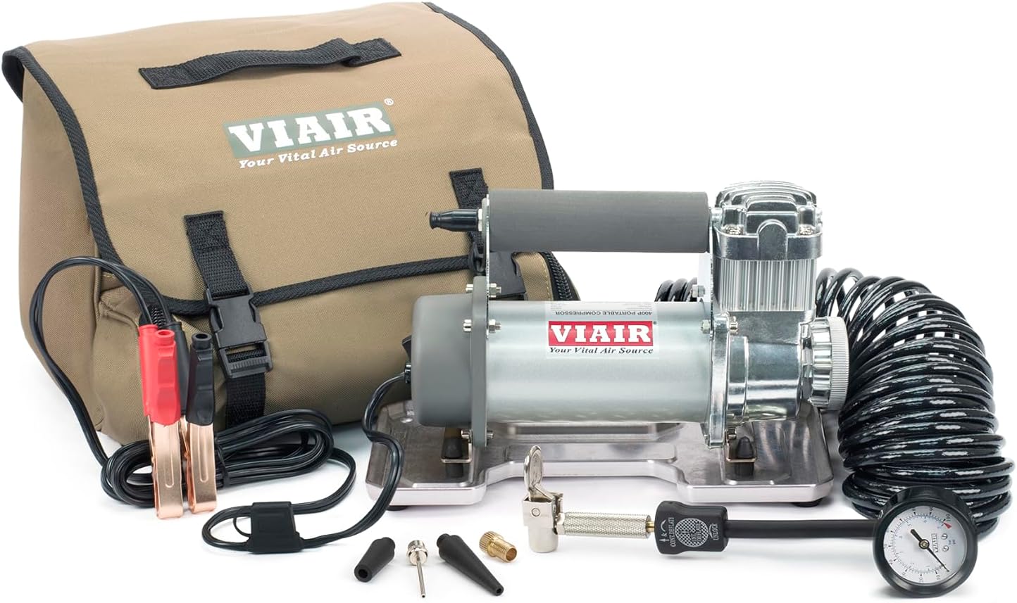 BRAND, CATEGORY, PORTABLE AIR COMPRESSORS, VIAIR, VIAIR 400P - 40043 Tire Inflator Portable Offroad Air Compressor for Truck & SUV | 12V On/Off Road Tire Pump Air Compressor Portable Heavy Duty 150 PSI, up to 35" Tires, Alligator Clips