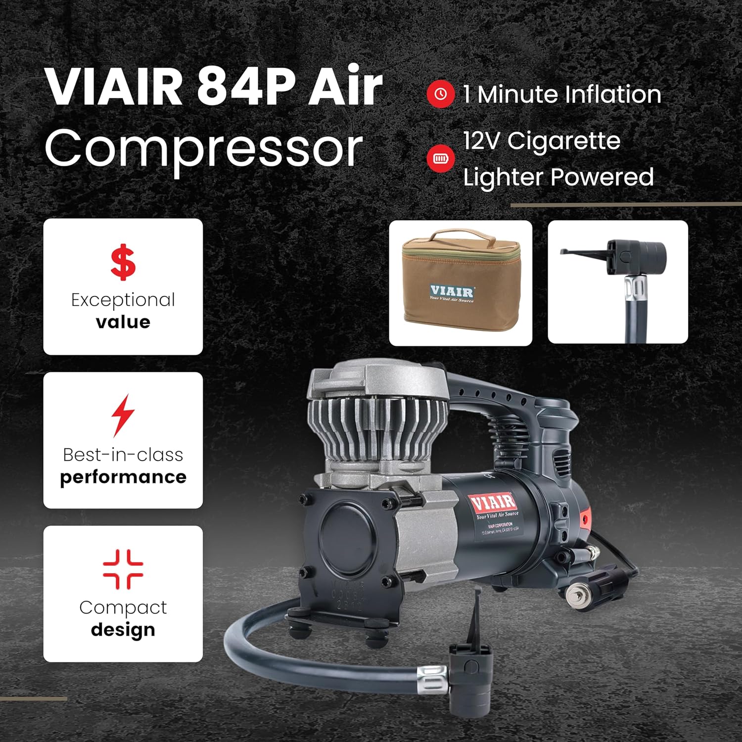 AIR COMPRESSORS & INFLATORS, BRAND, CATEGORY, VIAIR, VIAIR 85P - 00085 Tire Inflator Portable Air Compressor for Car, Truck & SUV 12V On/Offroad Tire Pump Air Compressor Portable Heavy Duty 60 PSI, Cigarette Plug, Twist Chuck