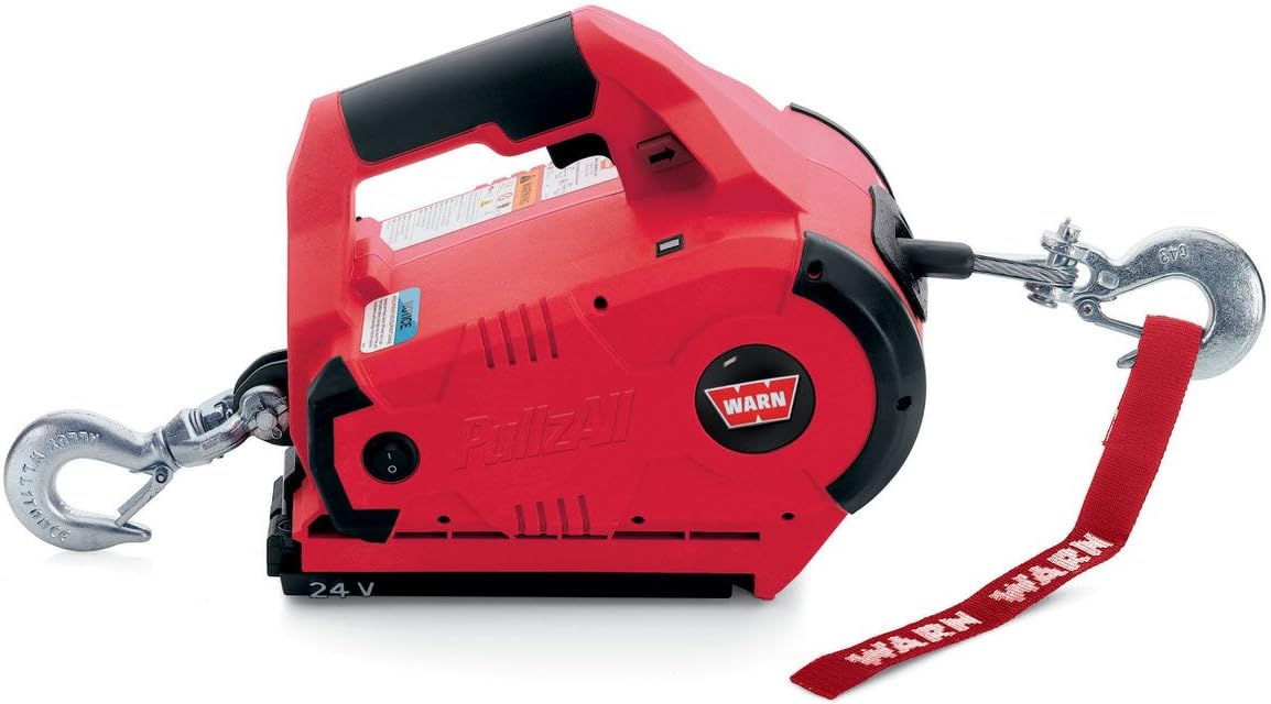 BRAND, CATEGORY, WARN, WINCHES, WARN 885005 PullzAll Cordless 24V DC Portable Electric Winch with Steel Cable and 2 Rechargeable Battery Packs: 1/2 Ton (1,000 lb) Pulling Capacity, red