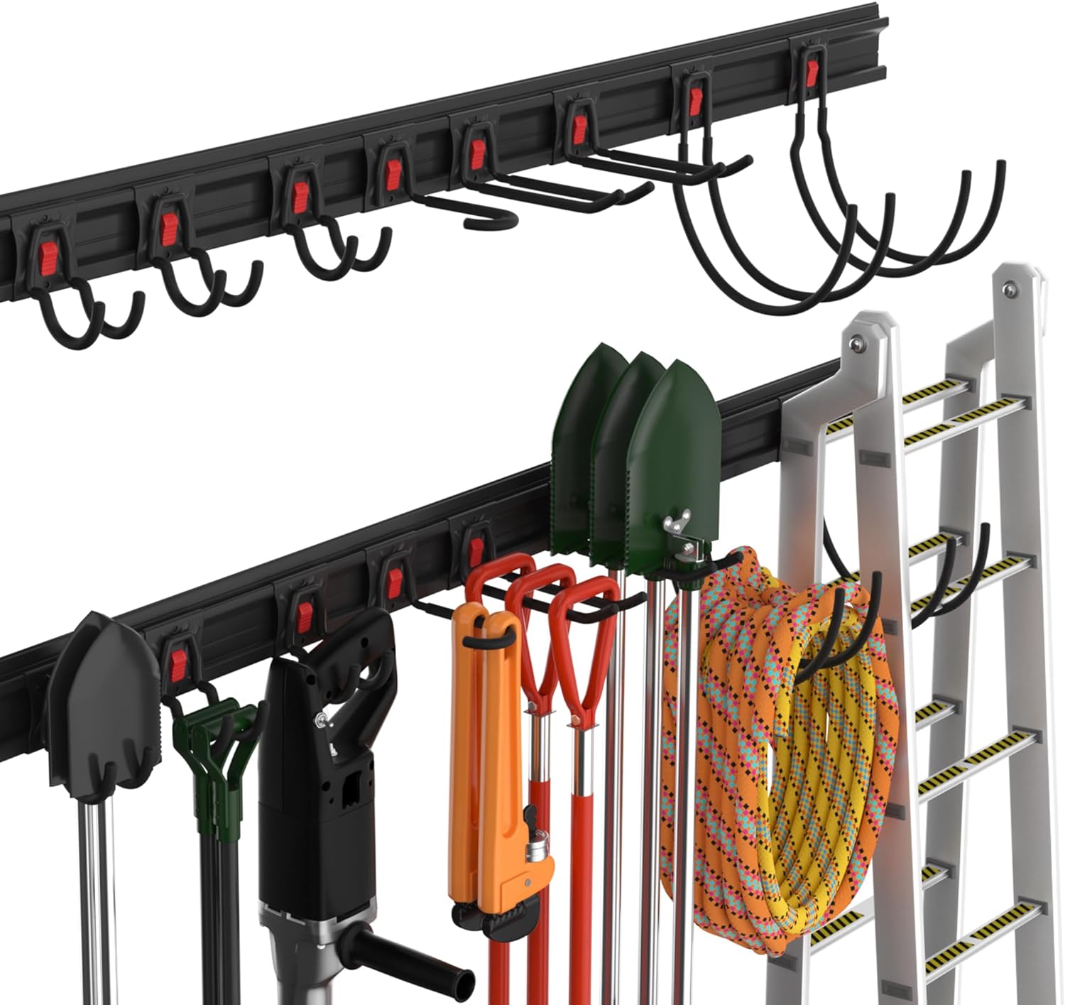 BRAND, CATEGORY, STORAGE RACKS, WORKPRO, WORKPRO Garage Storage, Garden Tool Organizer Wall Mount 64 Inch with 8 Adjustable Hooks and Hangers, 4 Rails Steel Heavy Duty Tool Rack Holder