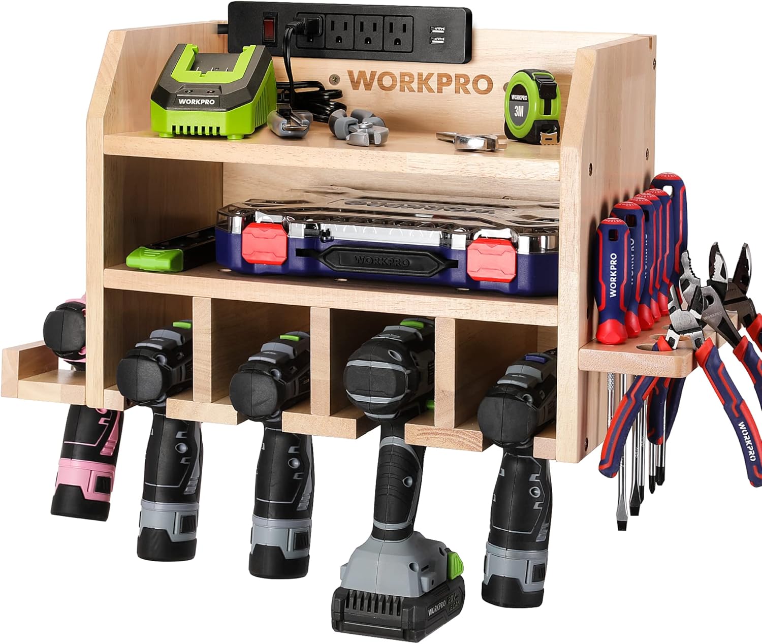 BRAND, CATEGORY, STORAGE RACKS, WORKPRO, WORKPRO Power Tool Organizer, Cordless Drill Holder Storage Wall Mount with 5 Drill Hanging Slots, Screwdriver Rack, Solid Wooden Tool Storage for Garage, Workshop, Warehouse