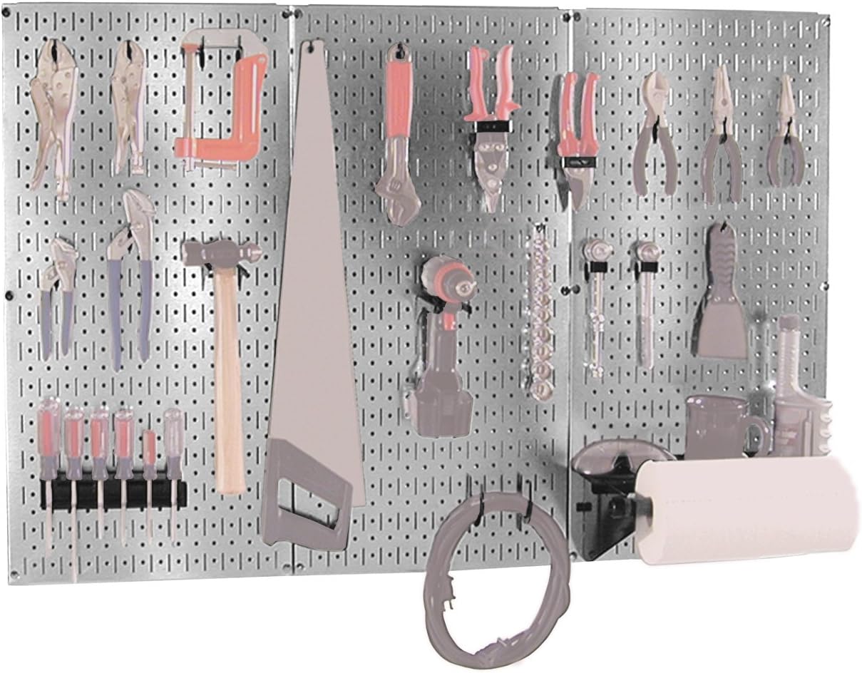 BRAND, CATEGORY, STORAGE RACKS, WALL CONTROL, Wall Control 30BAS300GVB 4-Feet Metal Pegboard Basic Tool Organizer Kit with Galvanized Toolboard and Black Accessories, Metallic