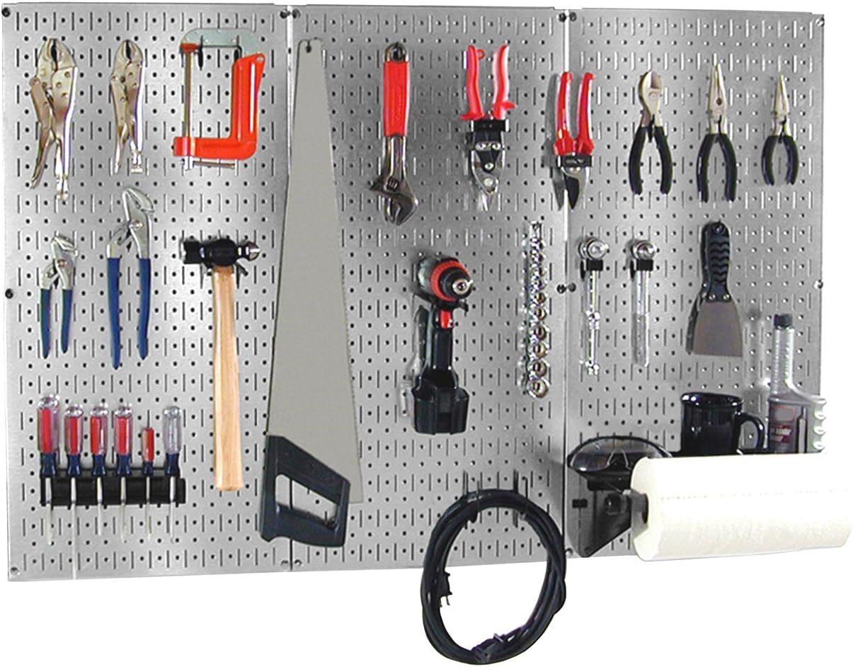 BRAND, CATEGORY, STORAGE RACKS, WALL CONTROL, Wall Control 30BAS300GVB 4-Feet Metal Pegboard Basic Tool Organizer Kit with Galvanized Toolboard and Black Accessories, Metallic