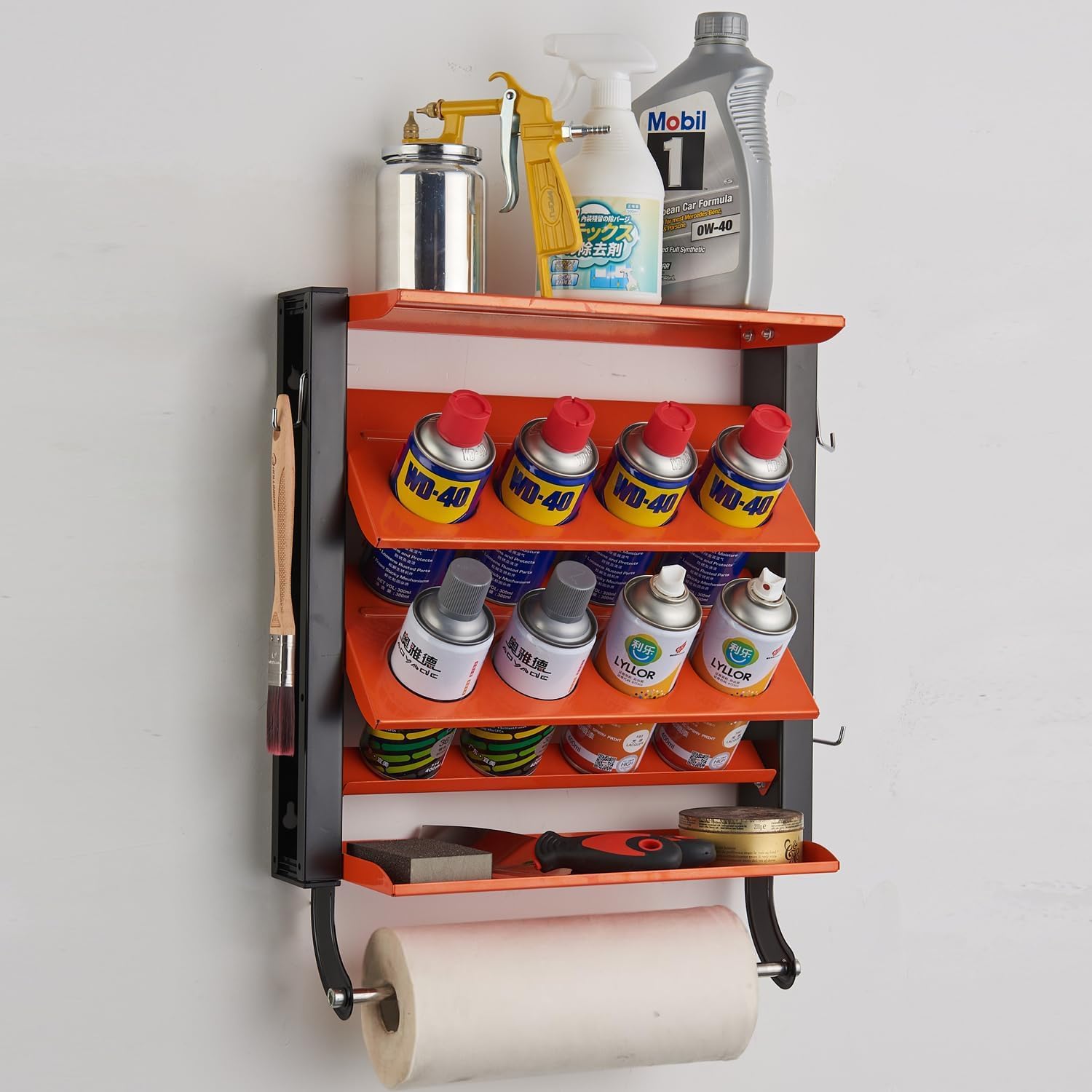 BRAND, CATEGORY, STORAGE RACKS, WALLMASTER, Wallmaster Spray Can Holder, Lube Can Wall Mount Storage Rack Heavy Duty Paint Bottle Organizer for Garage & Home | 8 Can Holes & 2 Shelf