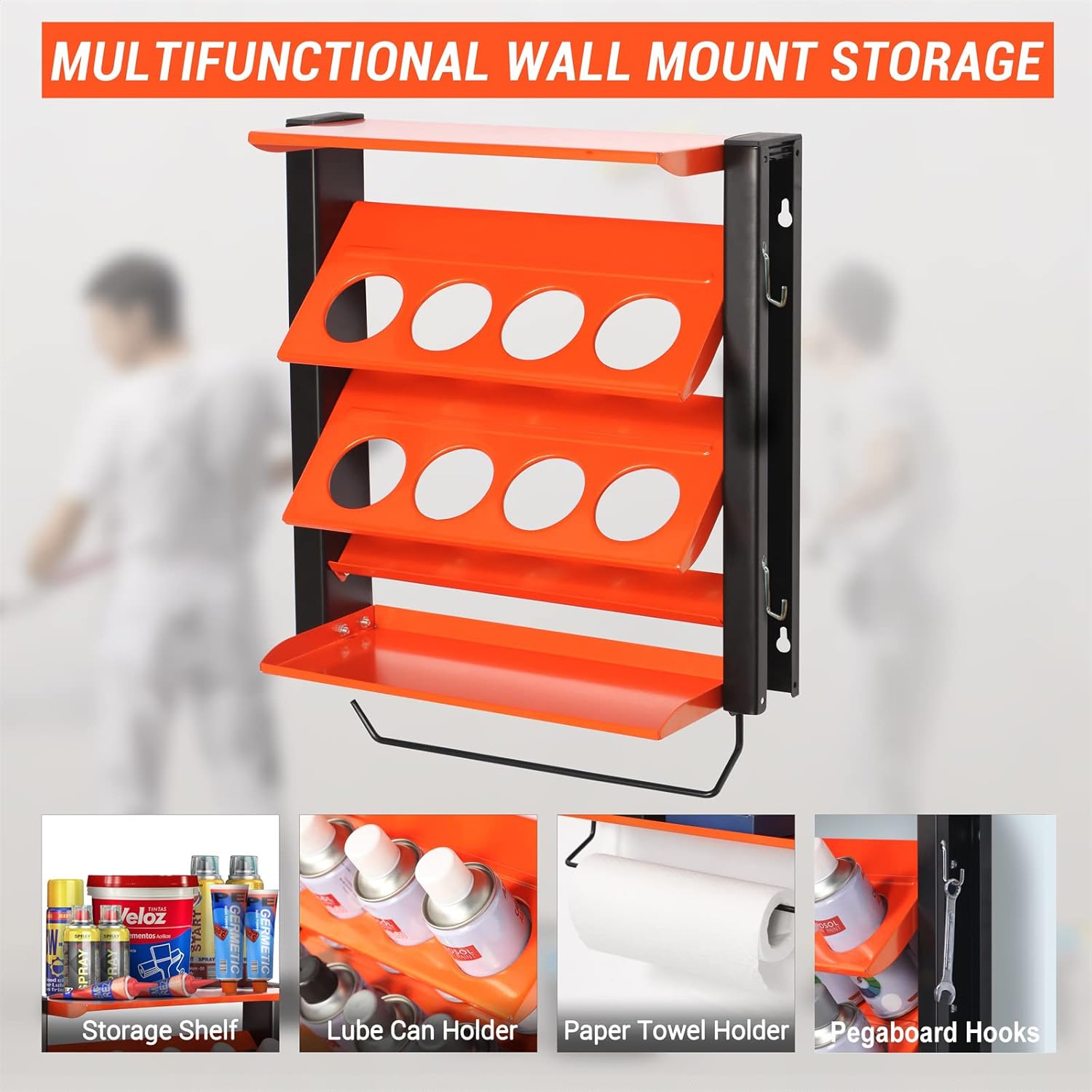 BRAND, CATEGORY, STORAGE RACKS, WALLMASTER, Wallmaster Spray Can Holder, Lube Can Wall Mount Storage Rack Heavy Duty Paint Bottle Organizer for Garage & Home | 8 Can Holes & 2 Shelf, Orange