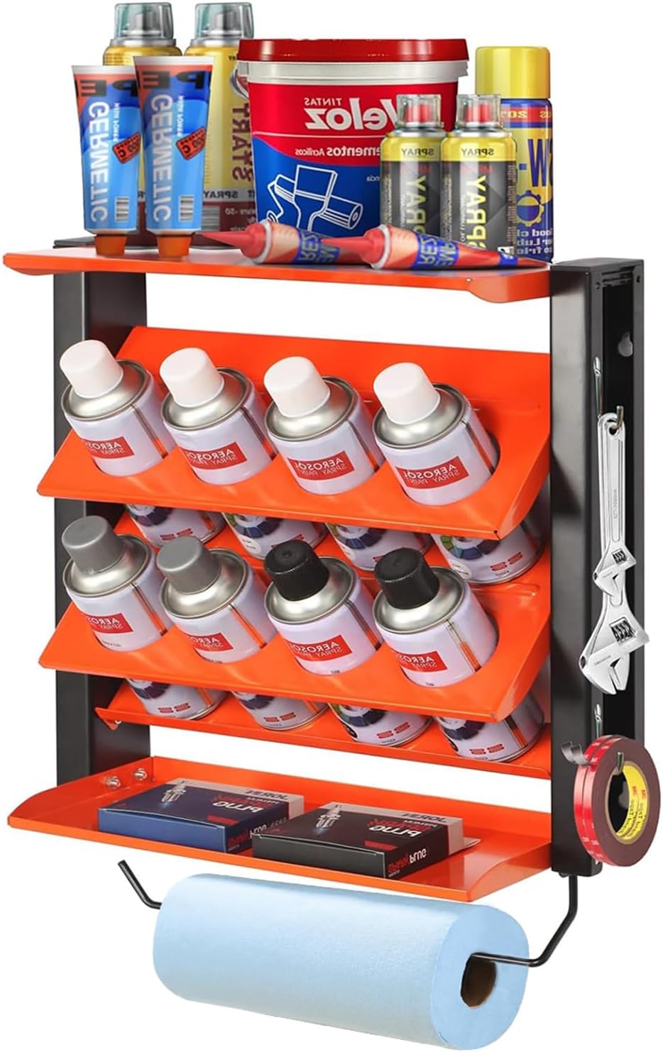 BRAND, CATEGORY, STORAGE RACKS, WALLMASTER, Wallmaster Spray Can Holder, Lube Can Wall Mount Storage Rack Heavy Duty Paint Bottle Organizer for Garage & Home | 8 Can Holes & 2 Shelf, Orange