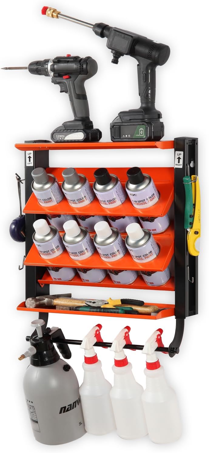 BRAND, CATEGORY, STORAGE RACKS, WALLMASTER, Wallmaster Spray Can Holder, Lube Can Wall Mount Storage Rack Heavy Duty Paint Bottle Organizer for Garage & Home | 8 Can Holes & 2 Shelf