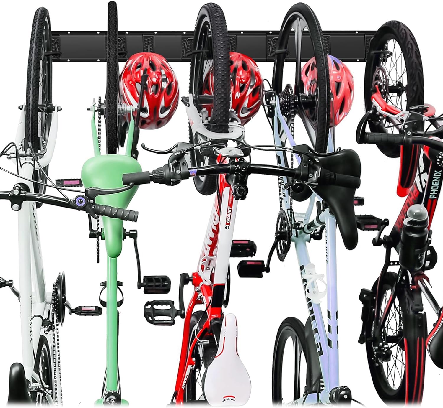 BIKE RACKS & STANDS, BRAND, CATEGORY, WALLMASTER, Wallmaster Wall Mount Bike Storage Rack, Adjustable 5 Bike and 3 helmet Storage Hanger Garage Storage Organization, Heavy Duty Bicycle Hooks for Indoor Space Saving (8 Hooks and 3 Rails)