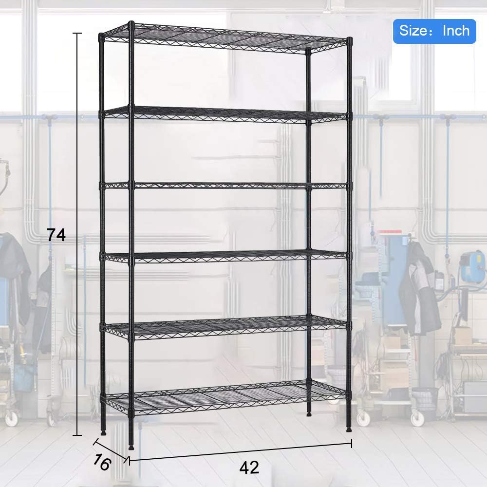 BRAND, CATEGORY, TYYPS, UTILITY SHELVES, Wire Shelving Unit Shelving Rack Shelf 6 Shelf 42" W X16 D X72 H Heavy Duty Height Adjustable for Restaurant Garage Pantry Kitchen Wire Rack NSF - Black